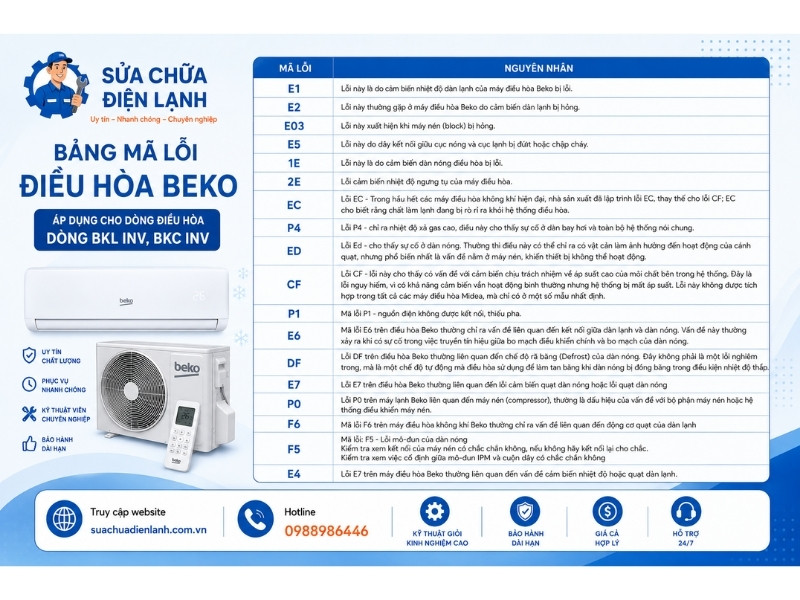 Bảng mã lỗi điều hòa Beko áp dụng cho dòng điều hòa dòng BKL INV, BKC INV