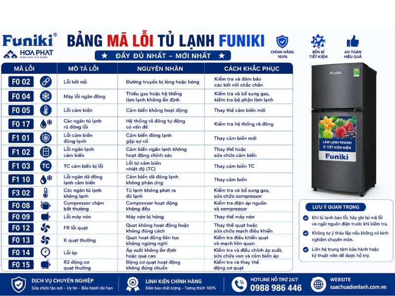 Bảng mã lỗi tủ lạnh Funiki