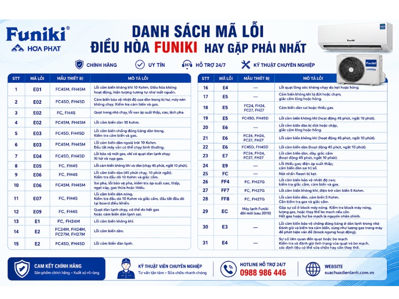 mã lỗi điều hòa Funiki