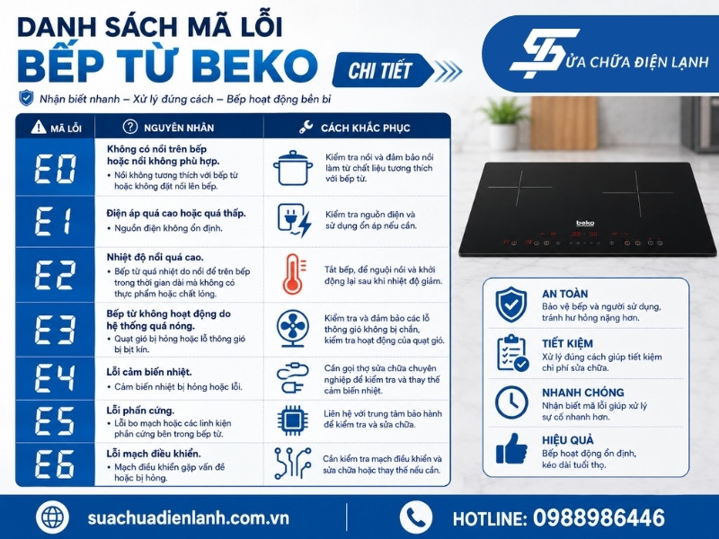 Danh sách mã lỗi bếp từ Beko