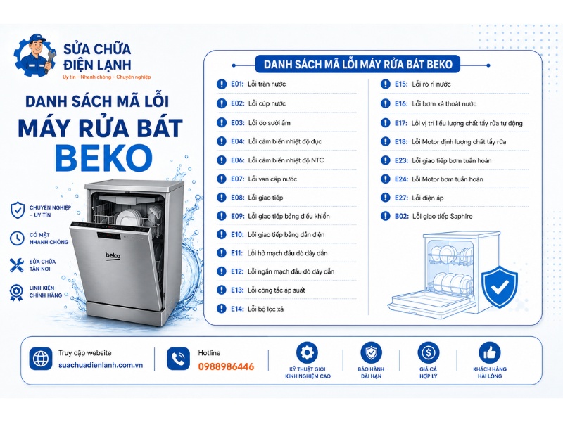 Danh sách mã lỗi máy rửa bát Beko