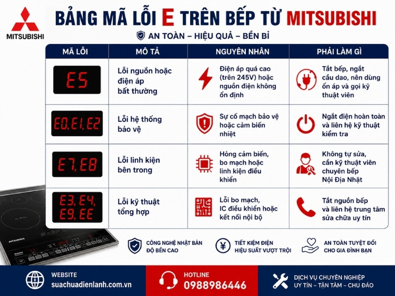 Bảng mã lỗi E trên bếp từ Mitsubishi