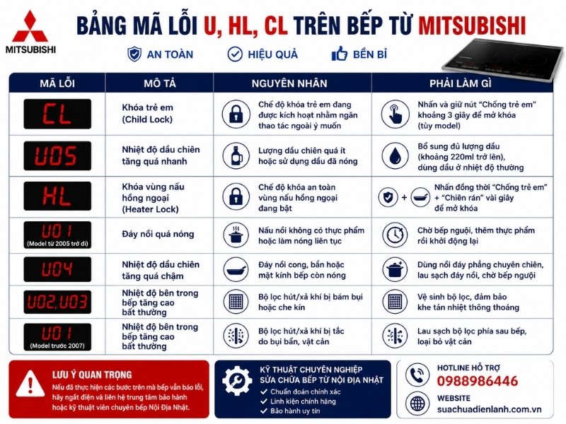Bảng mã lỗi U, HL, CL trên bếp từ Mitsubishi
